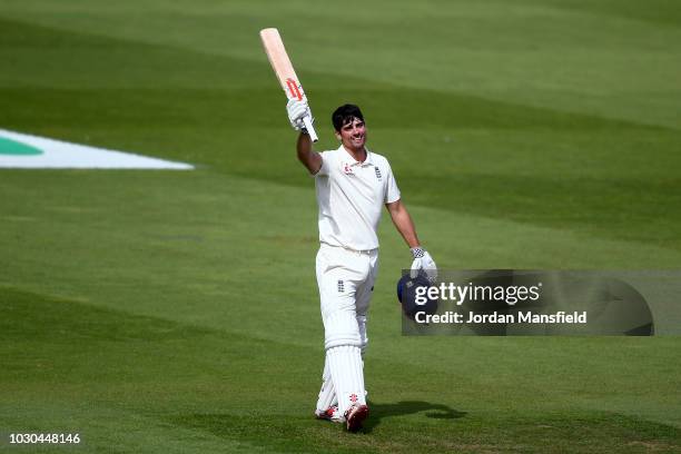 Alastair Cook of England celebrates reaching his century during day four of the Specsavers 5th Test match between England and India at The Kia Oval...