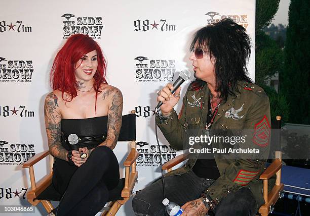 Musician Nikki Sixx & Tattoo Atrist Kat Von D attends the 98.7 FM launch party for "The Side Show" hosted by Nikki Sixx at Hollywood Tower on July...