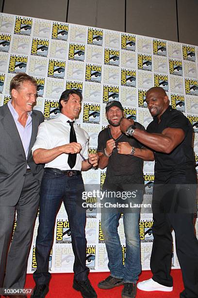 Actors Dolph Lundgren, Sylvester Stallone, Randy Couture and Terry Crews arrive at "The Expendables" panel on day 1 of Comic-Con International at San...