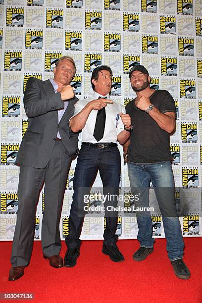 Actors Dolph Lundgren, Sylvester Stallone and Randy Couture arrive at "The Expendables" panel on day 1 of Comic-Con International at San Diego...