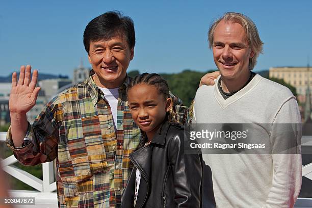 Jackie Chan, Jaden Smith and Harald Zwart attend a photocall to promote 'The Karate Kid' on July 23, 2010 in Oslo, Norway.