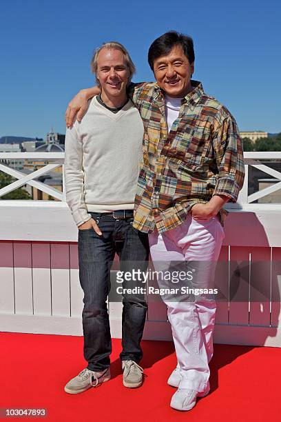 Harald Zwart and Jackie Chan attend a photocall to promote 'The Karate Kid' on July 23, 2010 in Oslo, Norway.