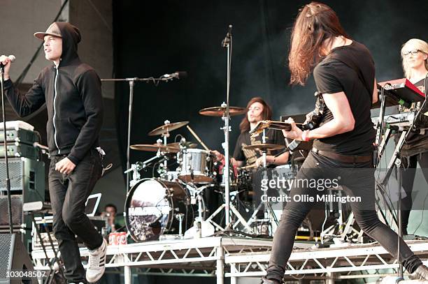 James Smith, Nick Rice and Daniel 'Pilau' Rice of Hadouken perform on the main stage during day one of Guilfest at Stoke Park on July 16, 2010 in...
