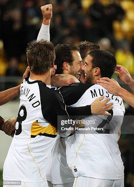 Andrew Durante of the Phoenix celebrates after scoring with the team during the pre-season friendly match between Wellington Phoenix and Boca Juniors...