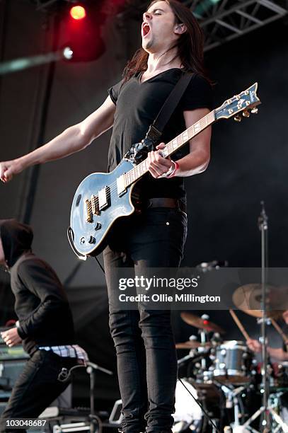 Daniel 'Pilau' Rice of Hadouken performs on the main stage during day one of Guilfest at Stoke Park on July 16, 2010 in Guildford, England.