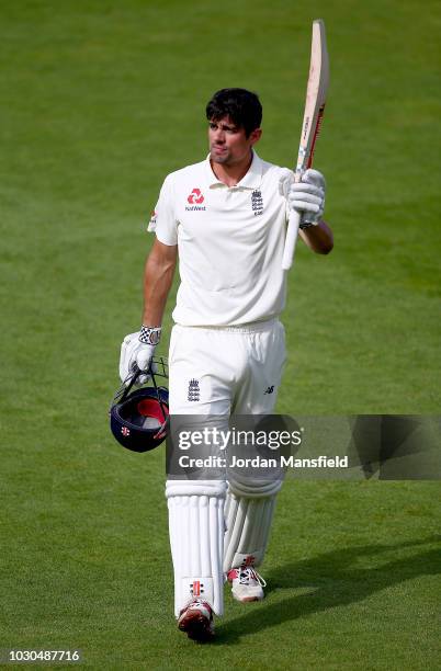 Alastair Cook of England acknowledges the crowd as he leaves the field in his final Test innings after being dismissed by Hanuma Vihari of India...