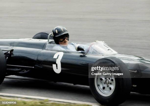 Graham Hill drives the Owen Racing OrganisationBRM P261 BRM 1.5 V8 during the British Grand Prix on 11 July 1964 at the Brands Hatch circuit in...