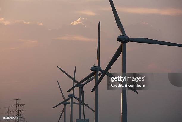 Wind turbines developed by Fuji Heavy Industries Ltd. And Hitachi Ltd., operate at the Wind Power Kamisu wind farm in Kamisu City, Ibaraki...