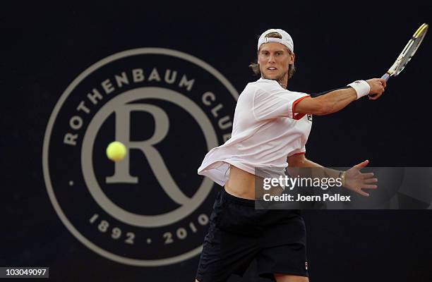 Andreas Seppi of Italy returns a forehand during his Quarter Final match against Thomaz Bellucci of Brasil during the International German Open at...