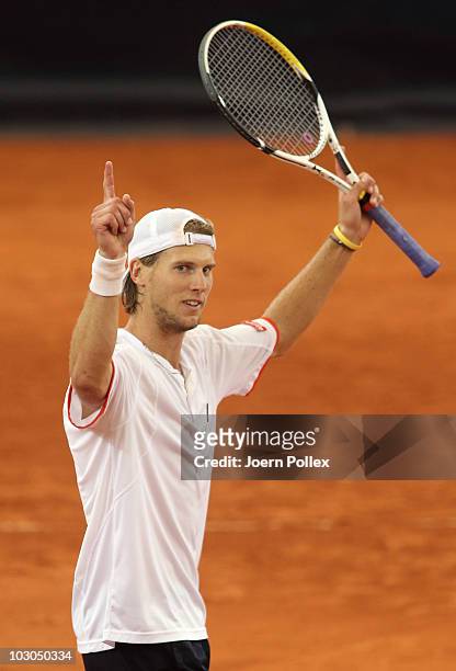 Andreas Seppi of Italy celebrates after winning his Quarter Final match against Thomaz Bellucci of Brasil during the International German Open at...