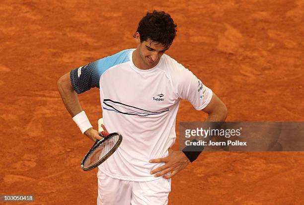 Thomaz Bellucci of Brasil is seen disappointed during his Quarter Final match against Andreas Seppi of Italy during the International German Open at...