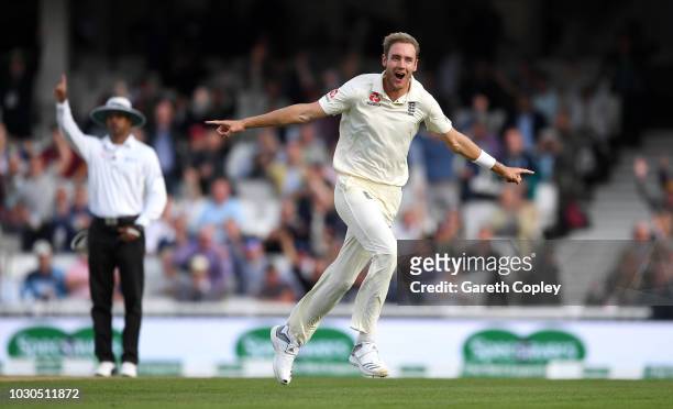 Stuart Broad of England celebrates dismissing India captain Virat Kohli during day four of the Specsavers 5th Test match between England and India at...