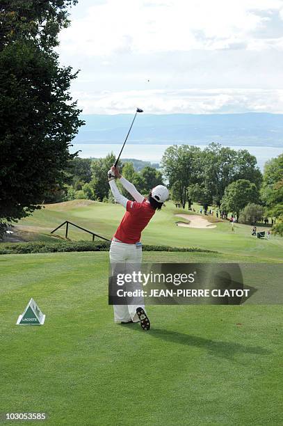 Japanese golfer Ayako Uehara hits a drive during the Evian Masters Golf Tournament, on July 23, 2010 in Evian-les-Bains, French Alps. The event runs...