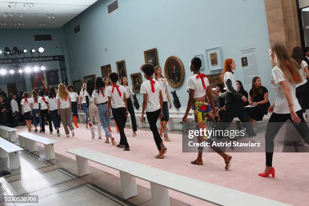 Models prepare backstage for TRESemme At Carolina Herrera during New York Fashion Week on September 10, 2018 in New York City.