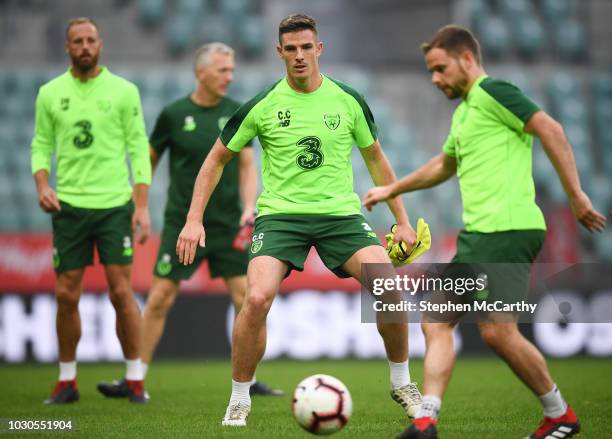 Wroclaw , Poland - 10 September 2018; Ciaran Clark, centre, with David Meyler, left, and Alan Judge, right, during a Republic of Ireland training...