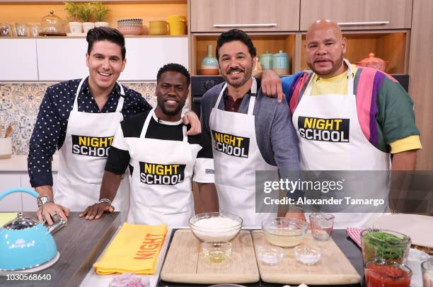 Chef James, Kevin Hart, Al Madrigal and Fat Joe are seen on the set of Telemundo's "Un Nuevo Dia" morning show on September 10, 2018 in Miami,...