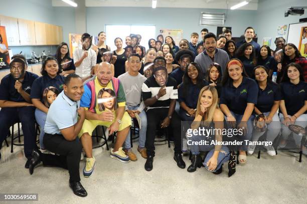 Tony Dandrades, Fat Joe, Kevin Hart, Al Madrigal and Jackie Guerrido are seen at SLAM Miami Charter School to promote the film "Night School" on...