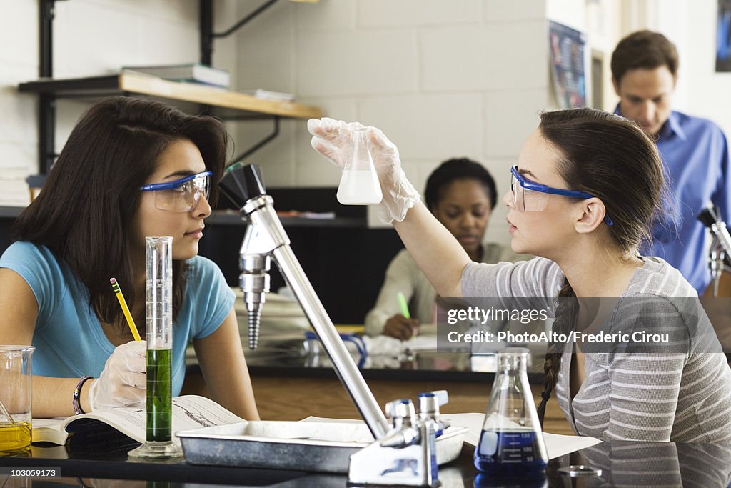 High school students conducting experiment in chemistry class