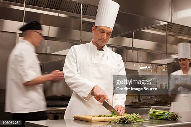chefs preparing food in commercial kitchen - chef hat stockfoto's en -beelden
