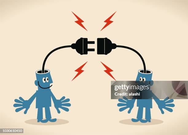 two smiling blue men with electrical plug and socket plugging in each other - wire binding stock illustrations