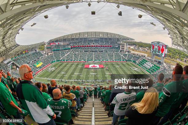 General view of Mosaic Stadium before the game between the Winnipeg Blue Bombers and Saskatchewan Roughriders at Mosaic Stadium on September 2, 2018...