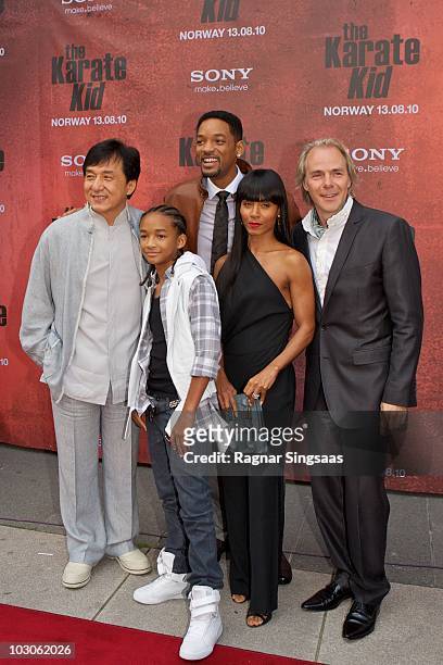 Jackie Chan, Jaden Smith, Will Smith, Jada Pinkett Smith and Harald Zwart attend the Norwegian premiere of 'The Karate Kid' on July 23, 2010 in...