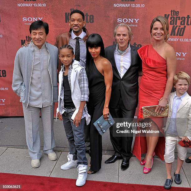 Actors Jackie Chan, Will Smith, Jaden Smith, Jada Pinklett-Smith, Director Harald Zwart, Veslemoy Ruud Zwart, and son attend the Norwegian premiere...