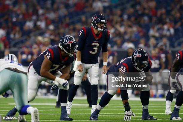 Brandon Weeden of the Houston Texans calls a play at the line of scrimmage in the first half of preseason game against the Dallas Cowboys at NRG...