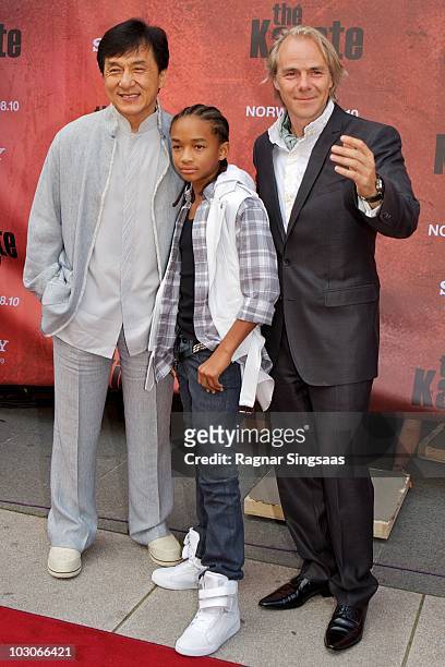 Jackie Chan, Jaden Smith and Harald Zwart attend the Norwegian premiere of 'The Karate Kid' on July 23, 2010 in Fredrikstad, Norway.