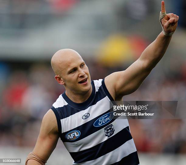 Gary Ablett of the Cats gestures after kicking a goal during the round 17 AFL match between the Geelong Cats and the Brisbane Lions at Skilled...