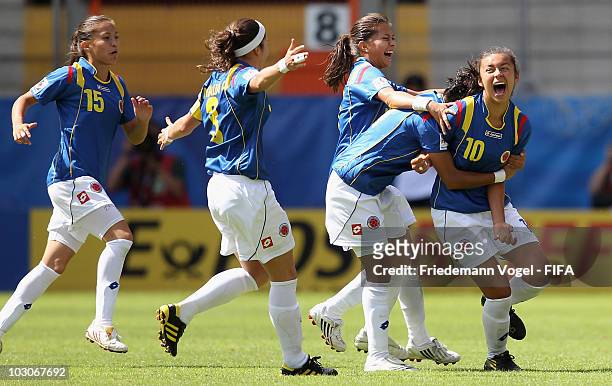 Yorely Rincon of Colombia celebrates scoring the first goal with her team during the FIFA U20 Women's World Cup Quarter Final match between Sweden...