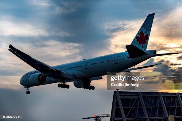 airplane landing pearson international airport - toronto pearson international airport stock pictures, royalty-free photos & images