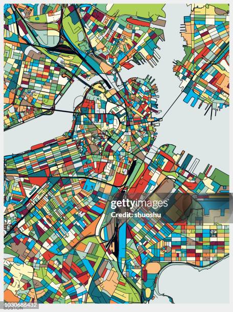 bunte illustration stil karte von boston city - stadtplan stock-grafiken, -clipart, -cartoons und -symbole