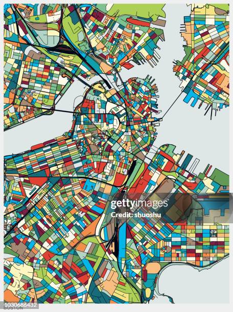 stockillustraties, clipart, cartoons en iconen met kleurrijke afbeelding stijl kaart van boston city - new england verenigde staten
