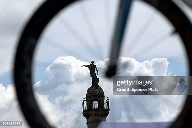 Monument is viewed through the wheel of a time trial bike at the start of stage 19 of the Tour de France on July 24, 2010 in Bordeaux, France. The...