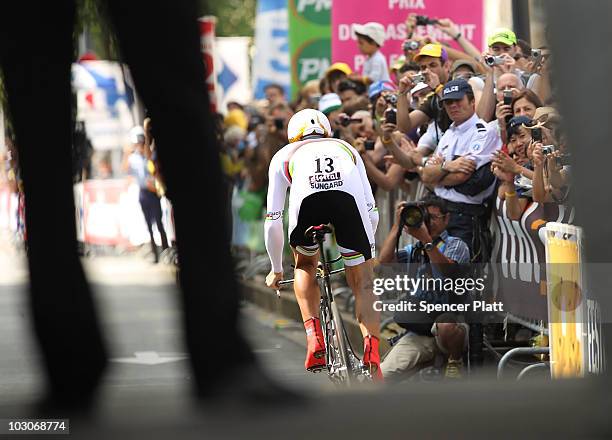 Fabian Cancellara of team Saxo Bank leaves the start gate of stage 19 of the Tour de France on July 24, 2010 in Bordeaux, France. The only time-trial...