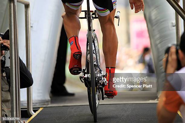 Fabian Cancellara of team Saxo Bank prepares to leave the start gate of stage 19 of the Tour de France on July 24, 2010 in Bordeaux, France. The only...