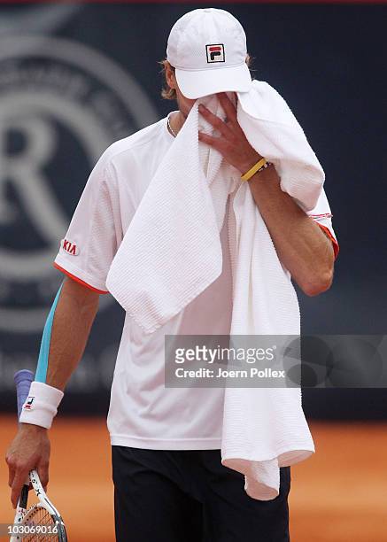 Andreas Seppi of Italy is seen disappointed during his Semi Final match against Juergen Melzer of Austria during the International German Open at...
