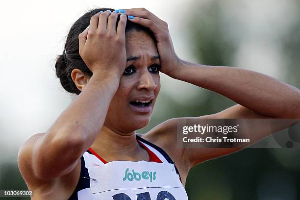 Jodie Williams of Great Britain reacts to finishing second in the 200 Metre Final on day five of the 13th IAAF World Junior Championships at the...