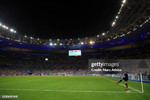 Antoine Griezmann of France takes a corner during the UEFA Nations League A group one match between France and Netherlands at Stade de France on...