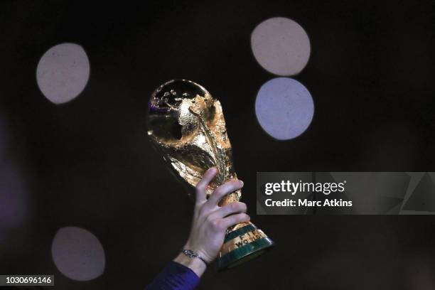 Detail of the FIFA World Cup Trophy during the UEFA Nations League A group one match between France and Netherlands at Stade de France on September...