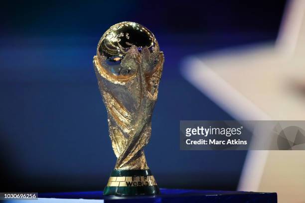 Detail of the FIFA World Cup Trophy during the UEFA Nations League A group one match between France and Netherlands at Stade de France on September...