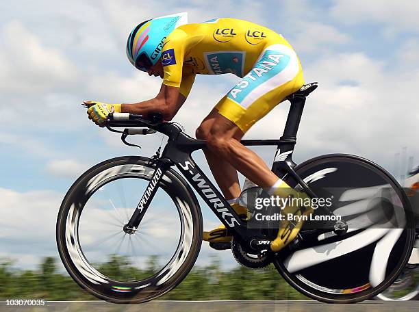 Alberto Contador of Spain and the Astana Team rides on stage nineteen, a 52km individual time trial from Bordeaux to Pauillac, on July 24, 2010 in...