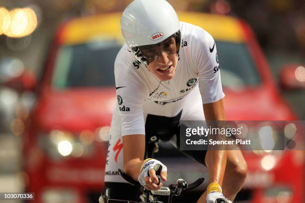 Andy Schleck of Team Saxo Bank crosses the finish line behind his nearest competitor Alberto Contador following stage 19 of the Tour de France on...