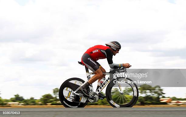 Lance Armstrong of the USA and Team Radioshack in action on stage nineteen, a 52km individual time trial from Bordeaux to Pauillac, on July 24, 2010...