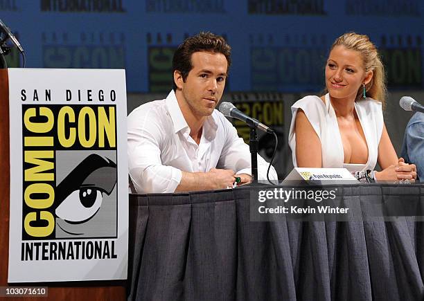 Actor Ryan Reynolds and actress Blake Lively speak onstage at the "Green Lantern" panel discussion during Comic-Con 2010 at San Diego Convention...