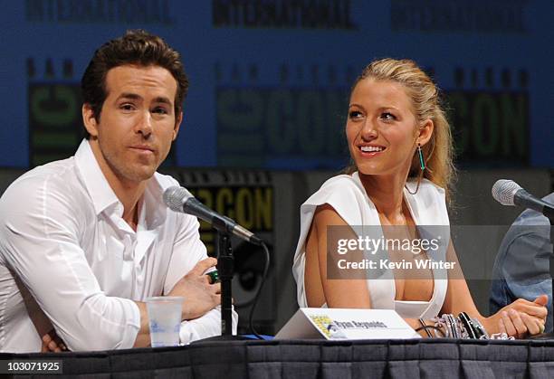 Actor Ryan Reynolds and actress Blake Lively speak onstage at the "Green Lantern" panel discussion during Comic-Con 2010 at San Diego Convention...