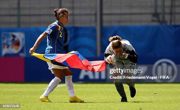 Lina Taborda and Alexandra Avendano of Colombia celebrate after winning the FIFA U20 Women's World Cup Quarter Final match between Sweden and...