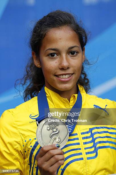 Angelica Bengtsson of Sweden poses with her gold medal after winning the Women's Pole Vault Final on day six of the 13th IAAF World Junior...