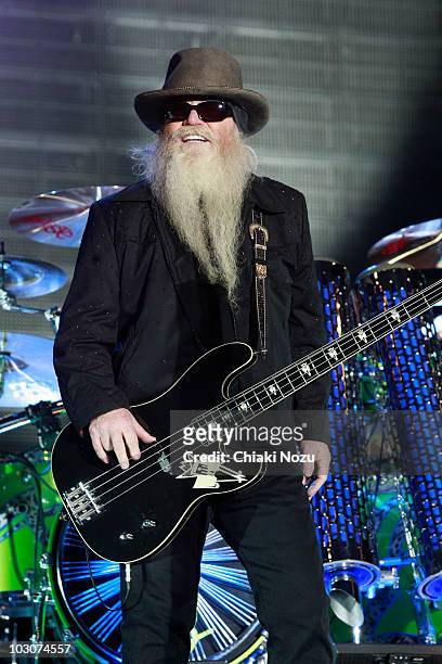 Dusty Hill of ZZ Top performs at Day 1 of the High Voltage Festival at Victoria Park on July 24, 2010 in London, England.